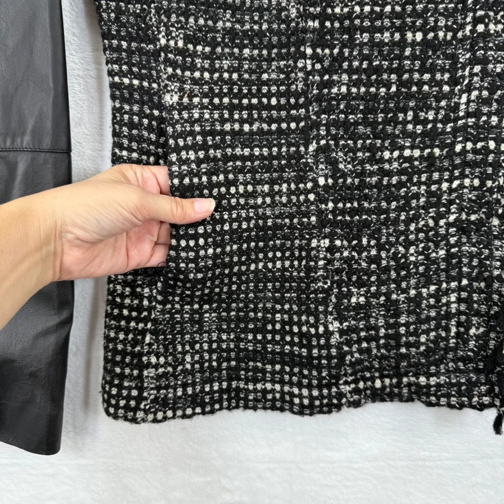 Vince Tweed Leather Moto Jacket Black‎ White Fringe Womens Size M